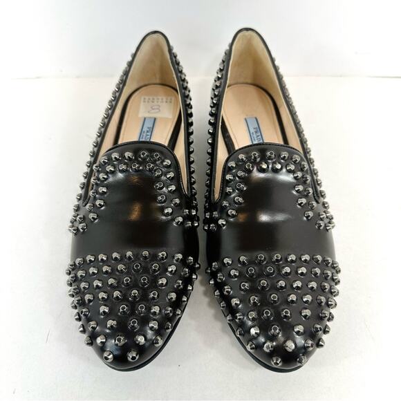 Prada Black Leather Silver Studded Smoking Loafer flats Size 38 US Size 8 - Picture 1 of 10